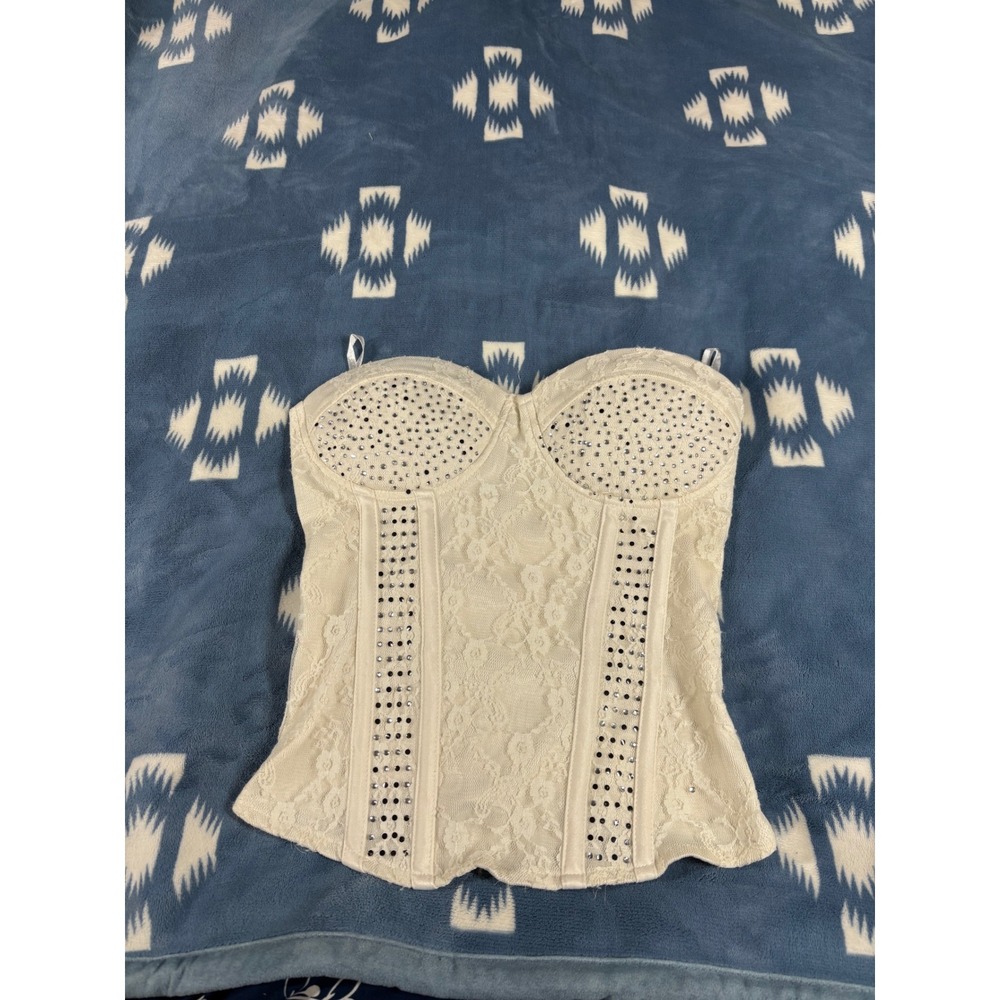 Charlotte Russe Ivory Lace Rhinestone Corset Bustier Top Strapless Cream Medium
